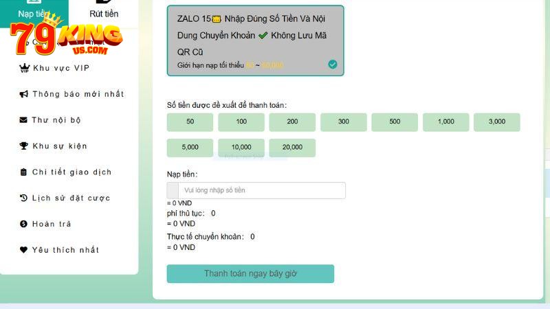 Nhiều người lựa chọn hình thức nạp tiền 79KING qua Zalo Pay.